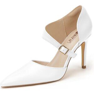 Women's White Pu High Stiletto Heels Pumps Pointed Buckle Comfortable Shoes